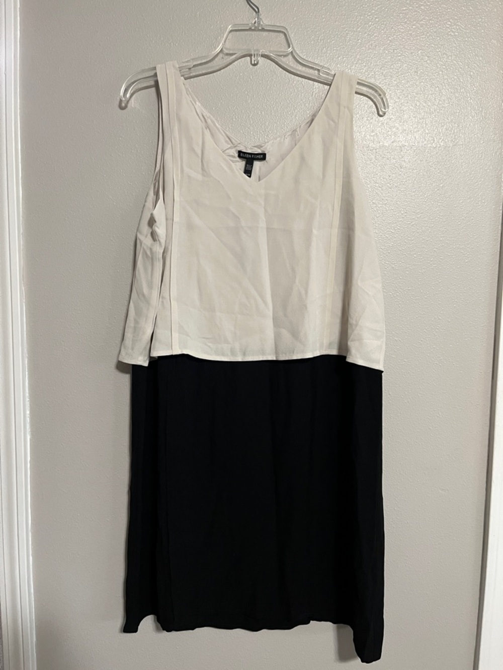 Eileen Fisher Black and White Silk Georgette Crepe Sleeveless Midi Dress